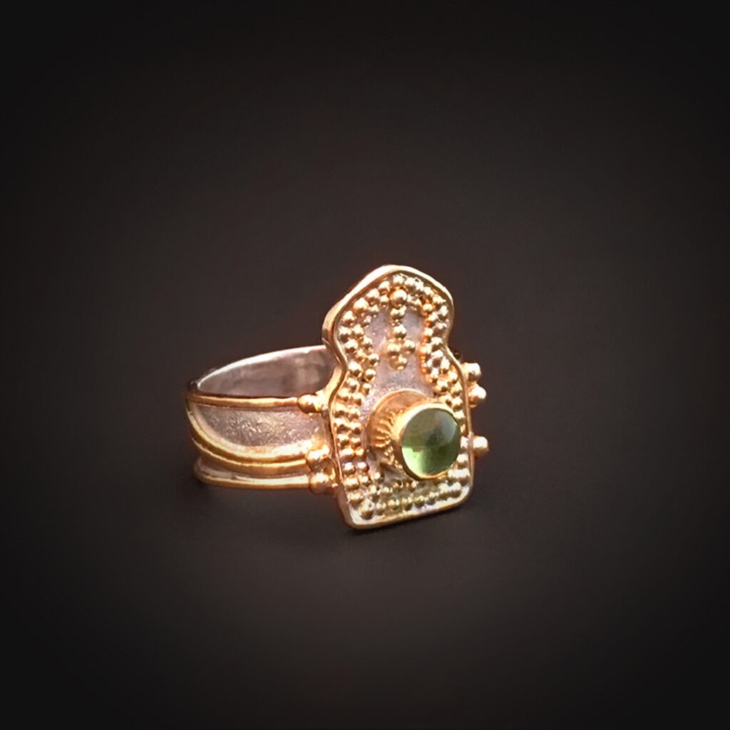 Casablanca VII, Granulation ring; 2016; 18k gold, 22k gold, sterling, peridot