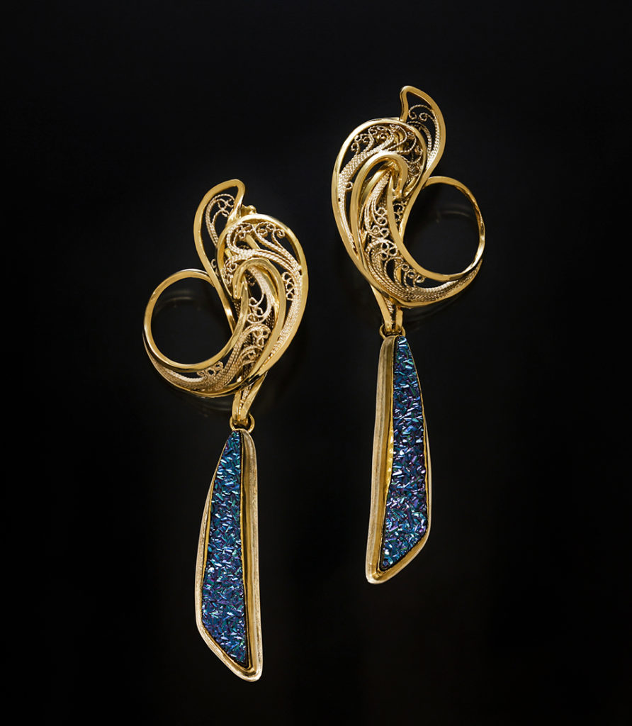 Envisioned II, gold and silver, Russian filigree earrings with drusies; photo by Pat Vasquez-Cunningham