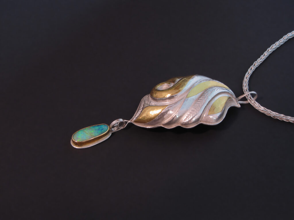 Foliage III (detail) Eastern repoussé and keum boo pendant on a Roman chain, 2013 Sterling, 24k gold, Koroit opal, fine silver 3.25 x 1.25 x 0.5 in Private collection