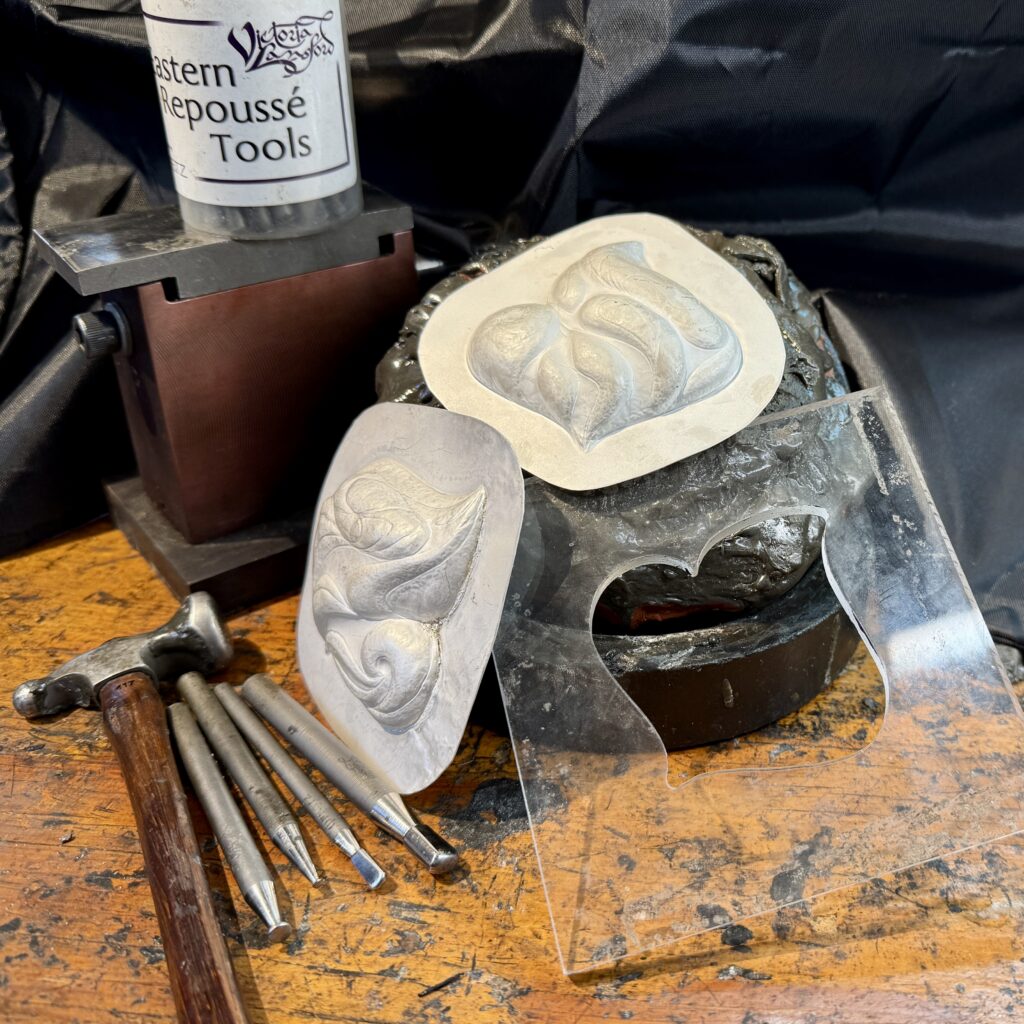 Mirrored Eastern Repoussé forms begun in the Hydraulic Press so they can be soldered together to create a hollow form for vessels and jewelry