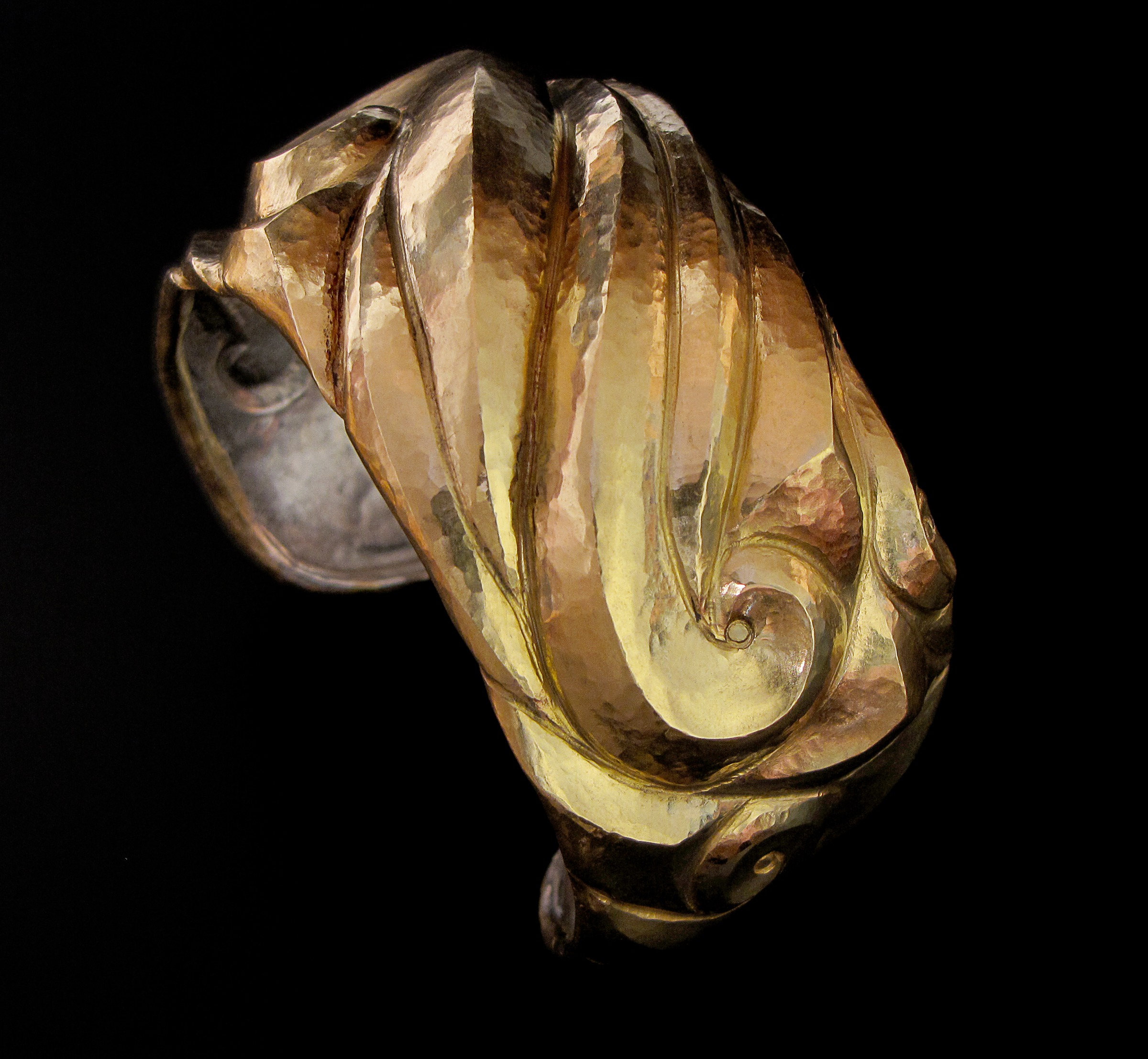 Spirale Sancta High relief Eastern repoussé cuff bracelet, 2009 22k gold/sterling bi-metal, sterling silver 2.75 x 2.25 x 1.375 in
