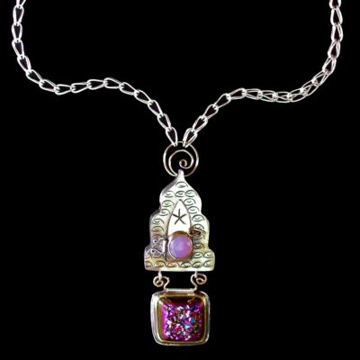 Amour, Chased , Russian Filigree, and Hollow Constructed Amulet, Suspended from a Roman Chain, 2004; 18K, 22k Gold, Sterling Silver, Fine Silver, Holly Blue Agate Titanium Bonded Chalcedony Drusy