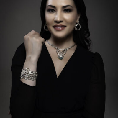 Entwine, Russian Filigree and Roman chain necklace; 22K gold, platinum enhanced sterling, fine silver, chrysocolla drusy - shown with Storms of Juno cutting and Encompass II earrings