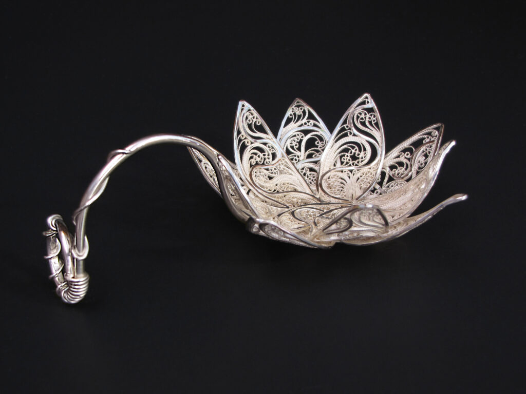 Darling, lotus have some tea..., Russian filigree, Eastern repoussé, chased, pierced, and fabricated tea infuser (strainer)