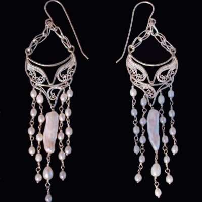 Icy White and Crystalline V, Russian filigree and Roman chain earrings Fine and sterling silver, Baroque and Biwa pearls