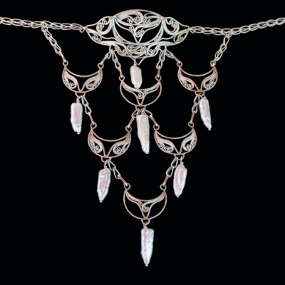"Icy White and Crystalline" IV, Russian filigree choker; sterling, fine silver, Baroque pearls