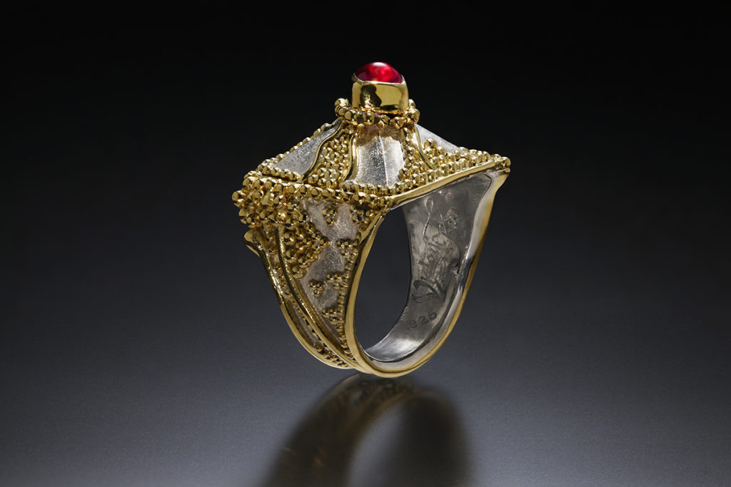 Majestic, Eastern repousse, gold granulation ring by Victoria Lansford; photo by Pat Vasquez-Cunningham
