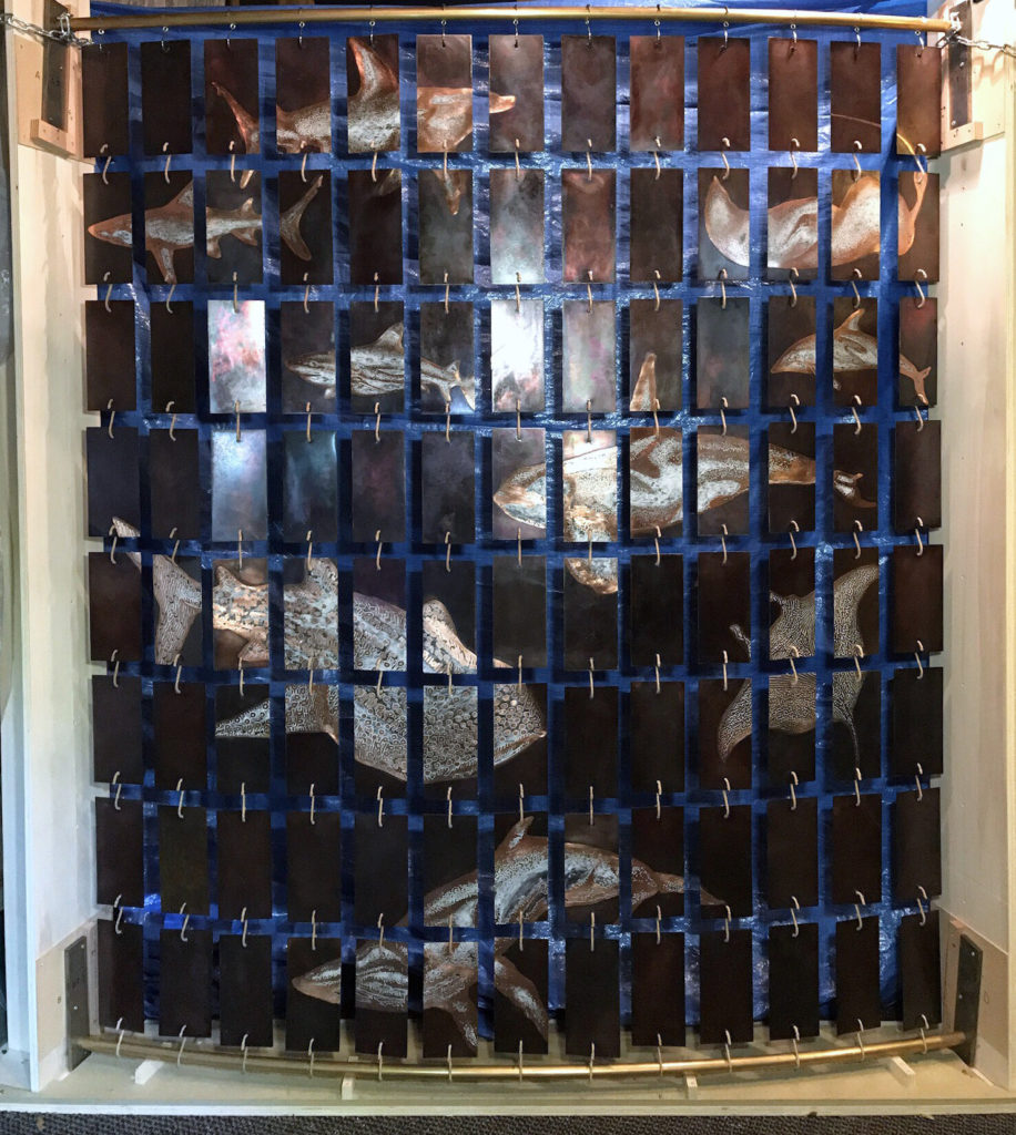 Etched double-sided copper screen, main salon room divider for a custom built superyacht by Victoria Lansford