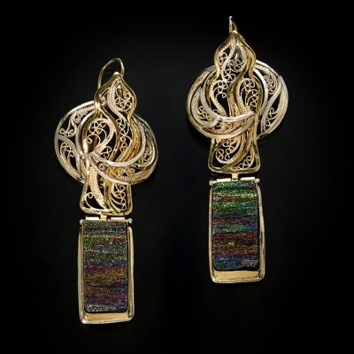 Casablanca IX, Gold and Silver, Russian filigree earrings with natural rainbow obsidian; photo by Pat Vasquez-Cunningham