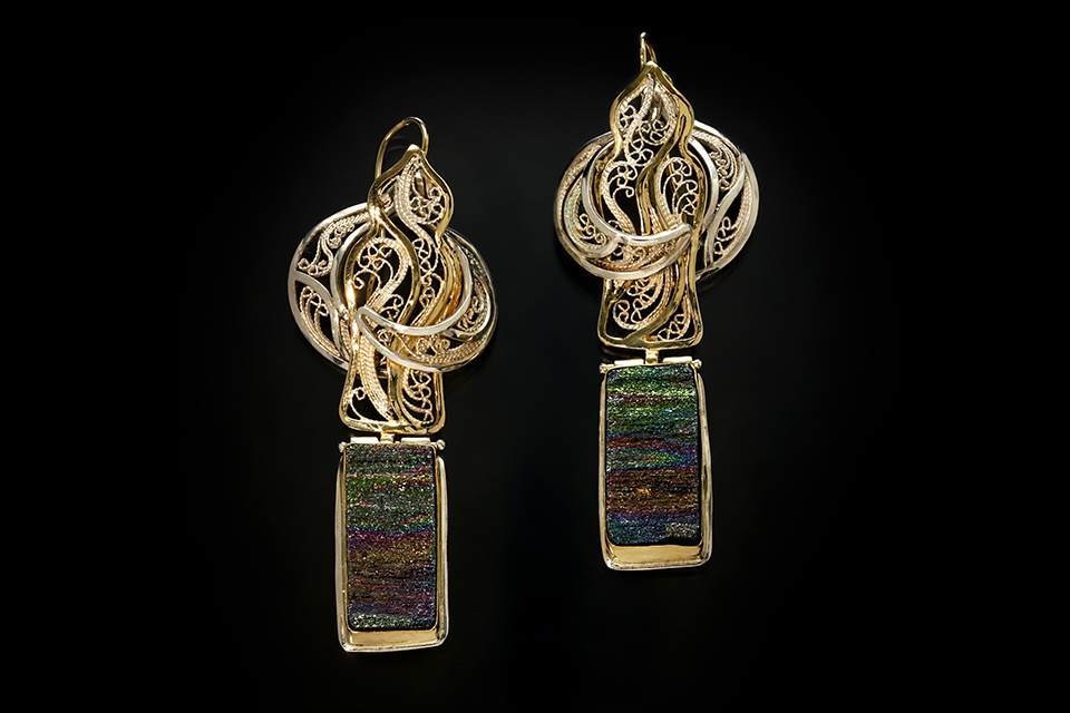 Casablanca IX, Gold and Silver, Russian filigree earrings with natural rainbow obsidian; photo by Pat Vasquez-Cunningham