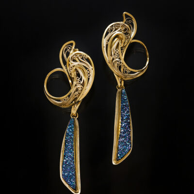 Envisioned II, gold and silver, Russian filigree earrings with drusies; photo by Pat Vasquez-Cunningham