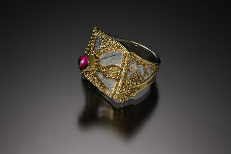 Majestic by Victoria Lansford, 18k & 22k gold granulation on sterling Eastern repousse pyramid with pink tourmaline