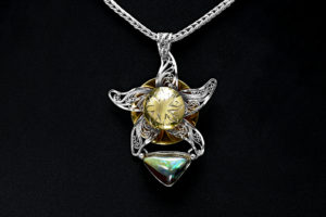 Victoria Lansford - Galileo's Revenge, gold and silver, Russian filigree and hand engraved necklace; photo by Pat Vasquez-Cunningham