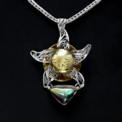 Victoria Lansford - Galileo's Revenge, gold and silver, Russian filigree and hand engraved necklace; photo by Pat Vasquez-Cunningham