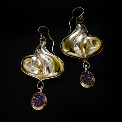 Marida Blue III - Eastern repousse and drusy earrings by Victoria Lansford; photo by Pat Vasquez-Cunningham