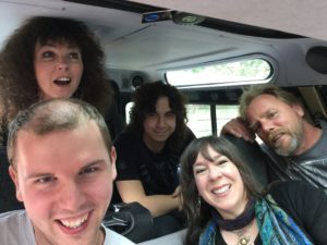 Freddie, Shirley, Skyler, Victoria, and Lee squished in a Land Rover in Cornwall