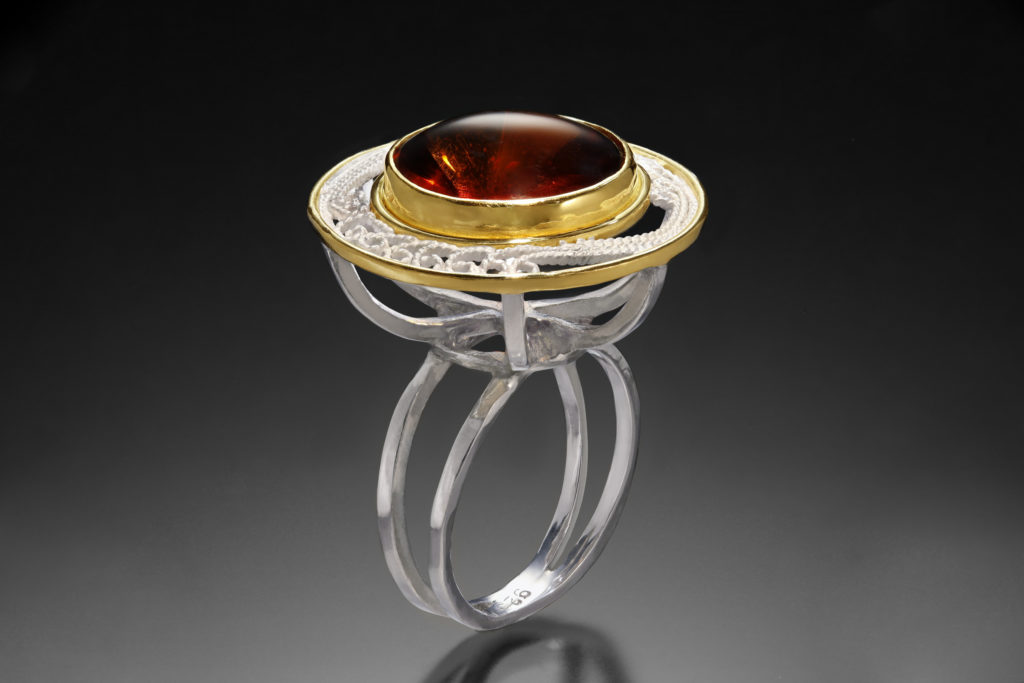 Coronation Ring II, Russian filigree ‘dinner ring’ by Victoria Lansford; photo by Pat Vasquez-Cunningham