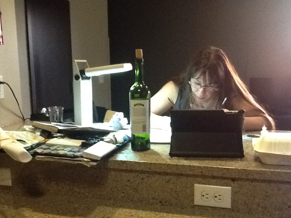 Late night working on the 'Papyrus Calligram' page spread in my dorm kitchen, hanging with my roomies at the 2013 International Calligraphy Conference