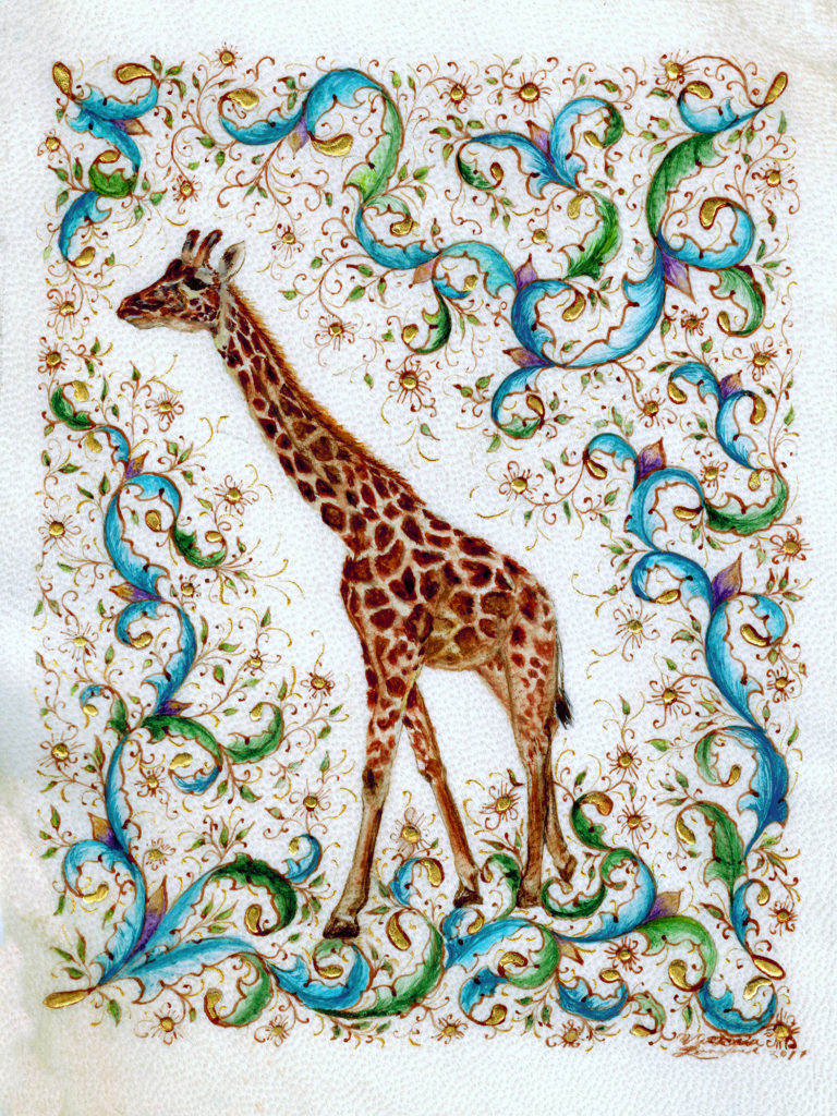 Harriet by Victoria Lansford, Medieval style miniature portrait of 'Harriet,' a Masai giraffe at San Diego Zoo
