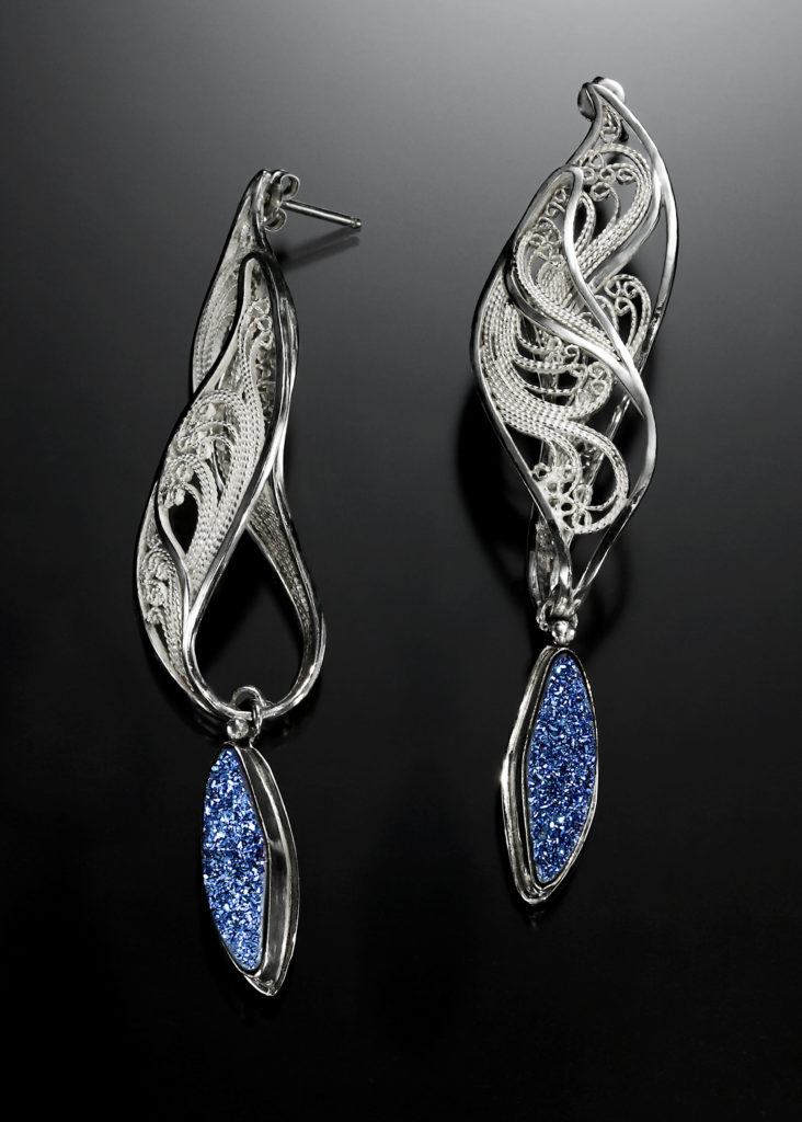 Glistening Flame, Russian filigree earrings by Victoria Lansford