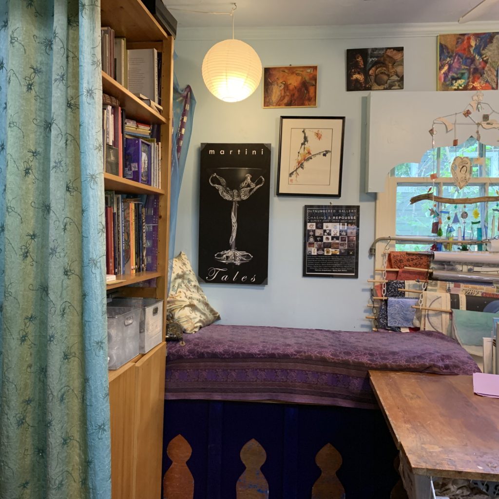 There former window seat turned reading nook before it was repurposed