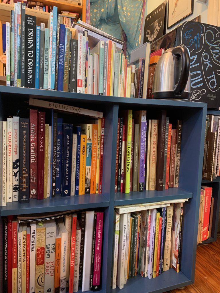 A few of the 600+ books in the studio...to be consumed with tea