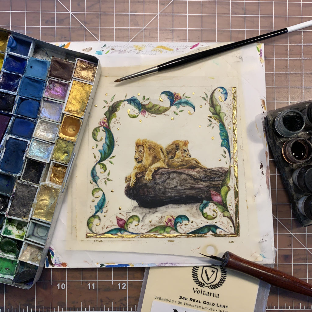 My Fierce Neighbors, miniature of 2 male lions at Zoo Atlanta - gilding in progress