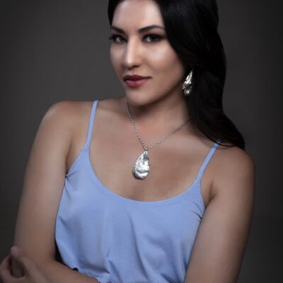 Peacock Splendor, hand engraved necklace and earrings