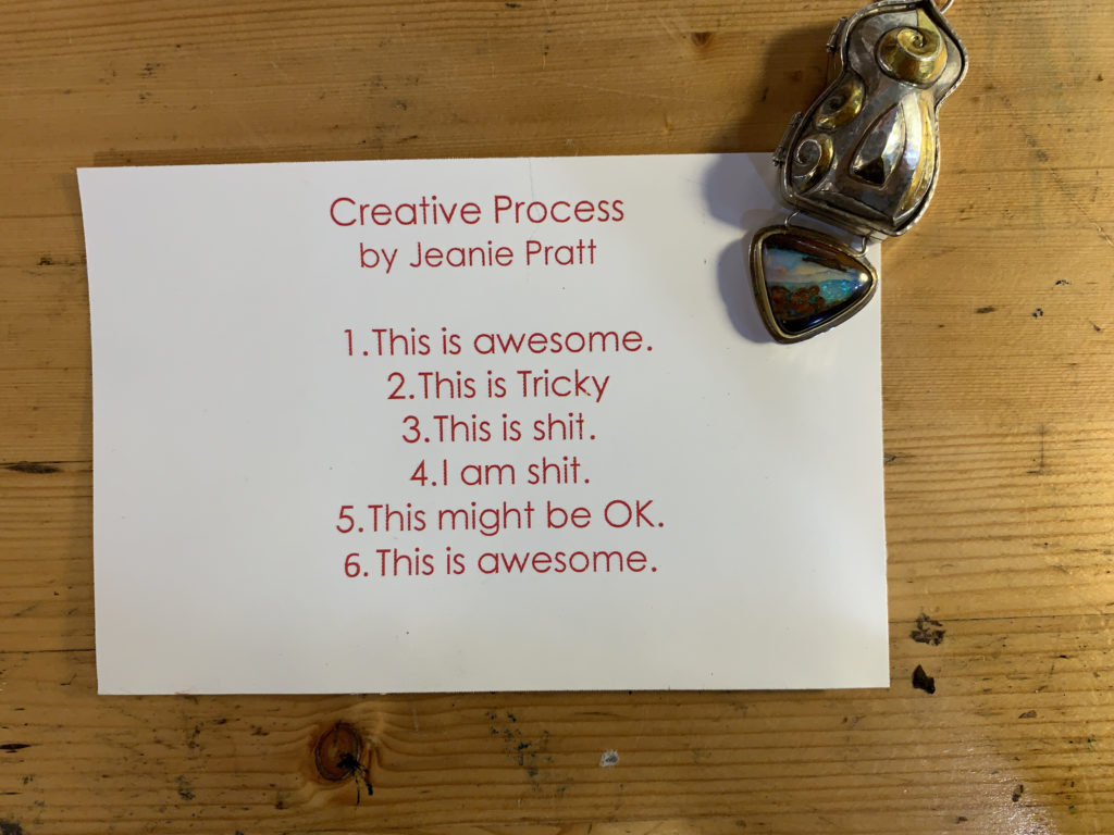 Creative Process by Jeanie Pratt - 1 - This is awesome. 2- This is tricky. 3 - This is shit. 4 - I am shit. 5 - This might be OK. 6- This is awesome.