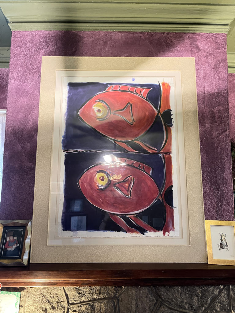 From Bobbie Crow's 1990s series of paintings entitled "2x2." Acrylic on paper, inspired by a flirting fish she observed at the Tennessee Aquarium.