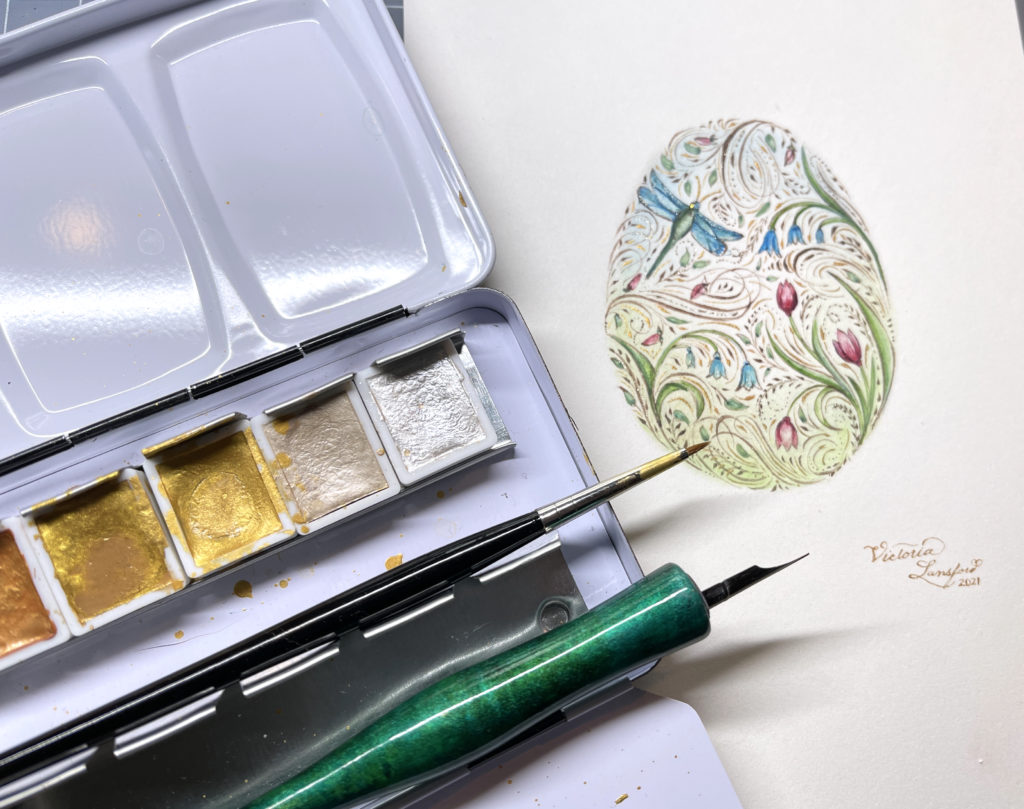 Victoria Lansford - practice for Heather Held's classes - spring egg & Schmincke metallic watercolors with Held Pen and sable brush