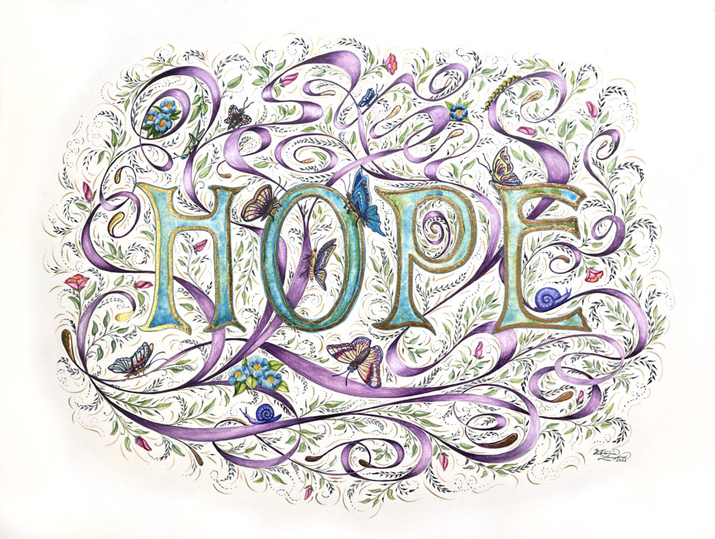Illumination of the word Hope by Victoria Lansford, 24k gold and watercolor on paper