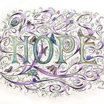 Illumination of the word Hope by Victoria Lansford, 24k gold and watercolor on paper