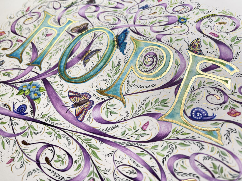 Illumination of the word Hope by Victoria Lansford, 24k gold and watercolor on paper