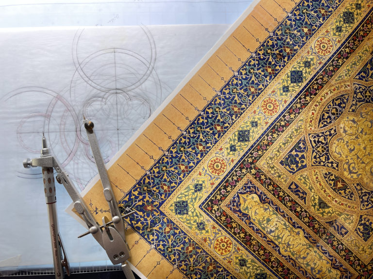My attempts at recreating the necessary geometry and a print out of the Obras Maestras de la Miniatura Persa carpet page we are learning to replicate