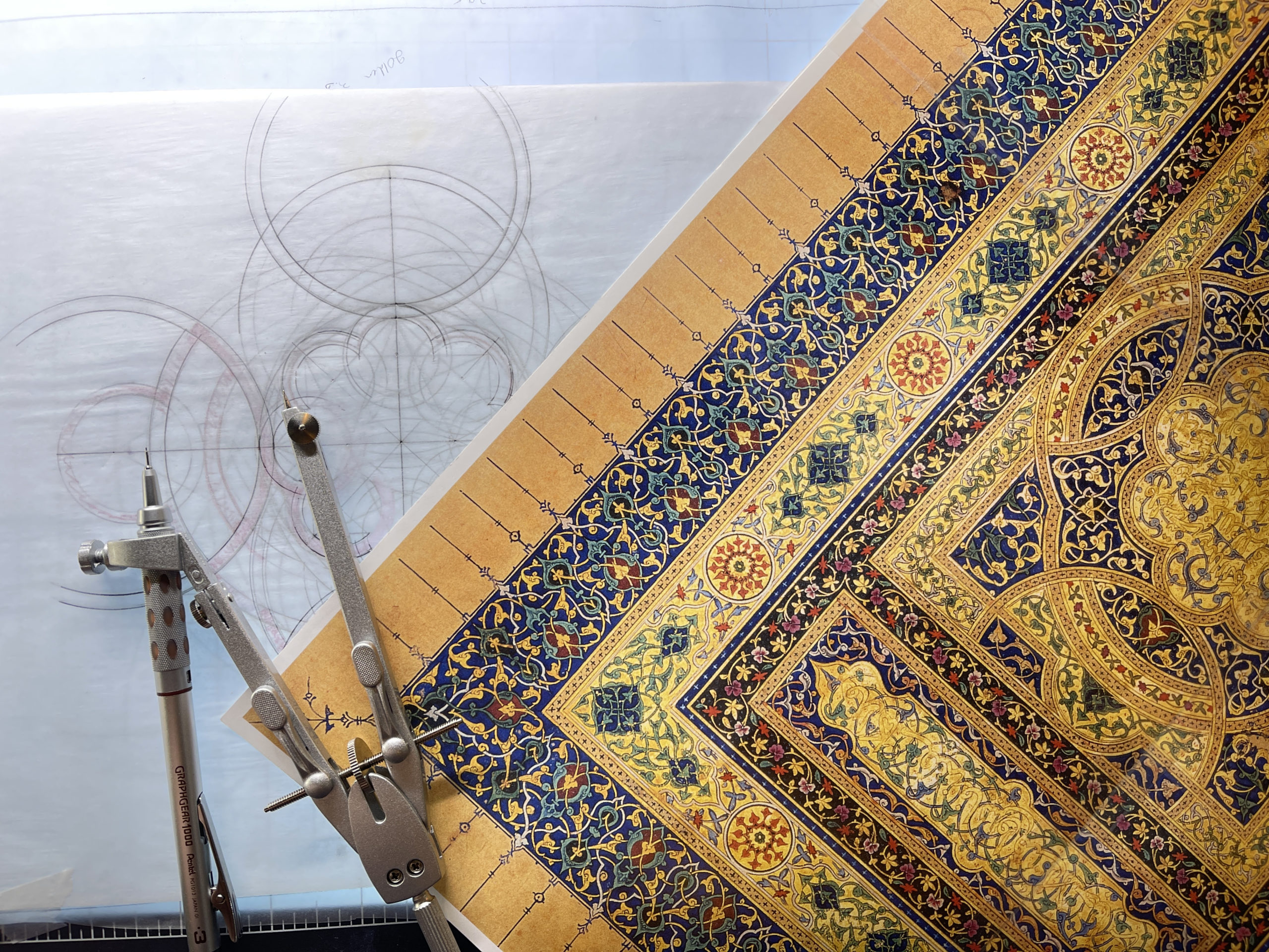 My attempts at recreating the necessary geometry and a print out of the Obras Maestras de la Miniatura Persa carpet page we are learning to replicate