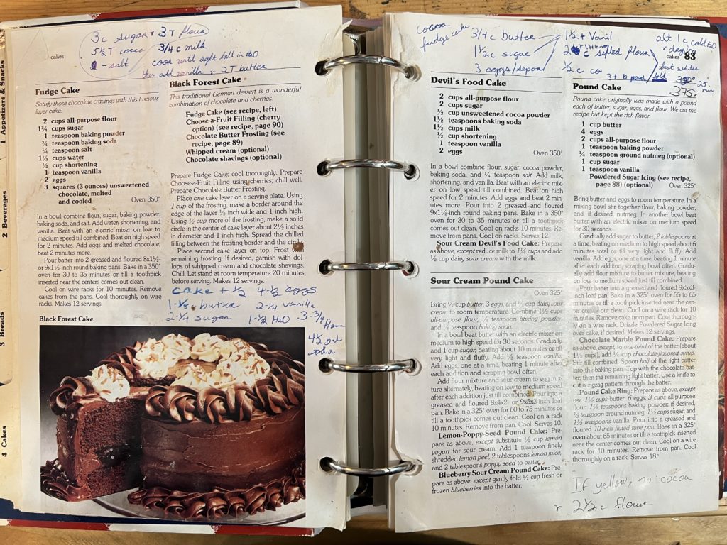 My scribblings in my copy of Better Homes & Gardens cookbook