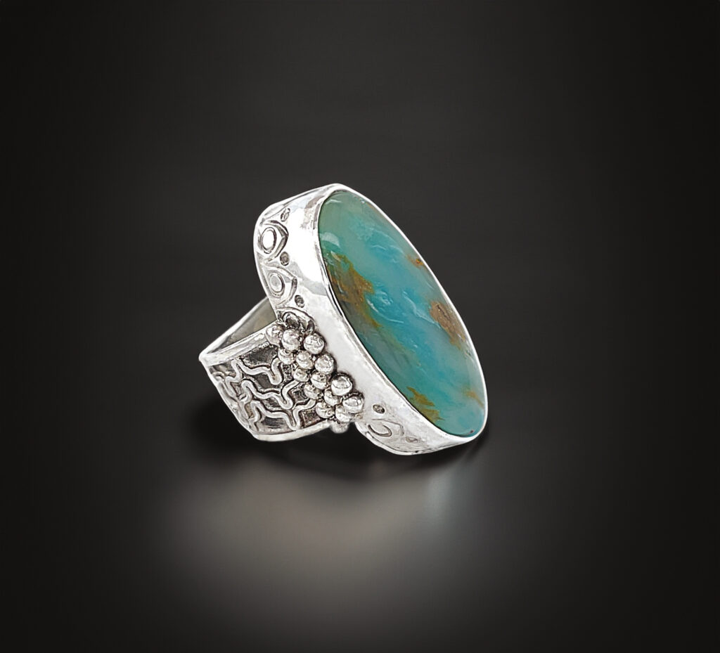 Capella Chased and stamped bezel with a wire patterned fused shank, 2021 Sterling, fine silver, Peruvian opal 1.25 x 0.75 x 1.25 in