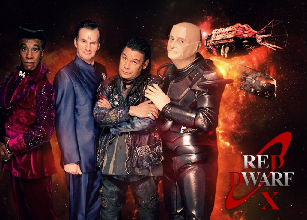 Red Dwarf crew: Cat, Rimmer, Lister, and Kryton