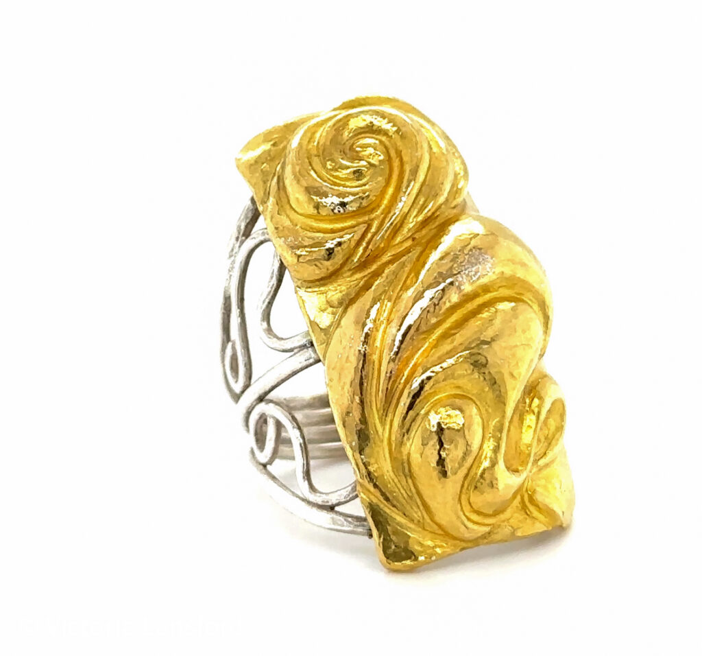 Rose Nouveau Top Eastern repoussé and scrollwork ring, 2023 18k gold/sterling bi-metal, sterling silver 1.4 x 0.8 x 1.2 in