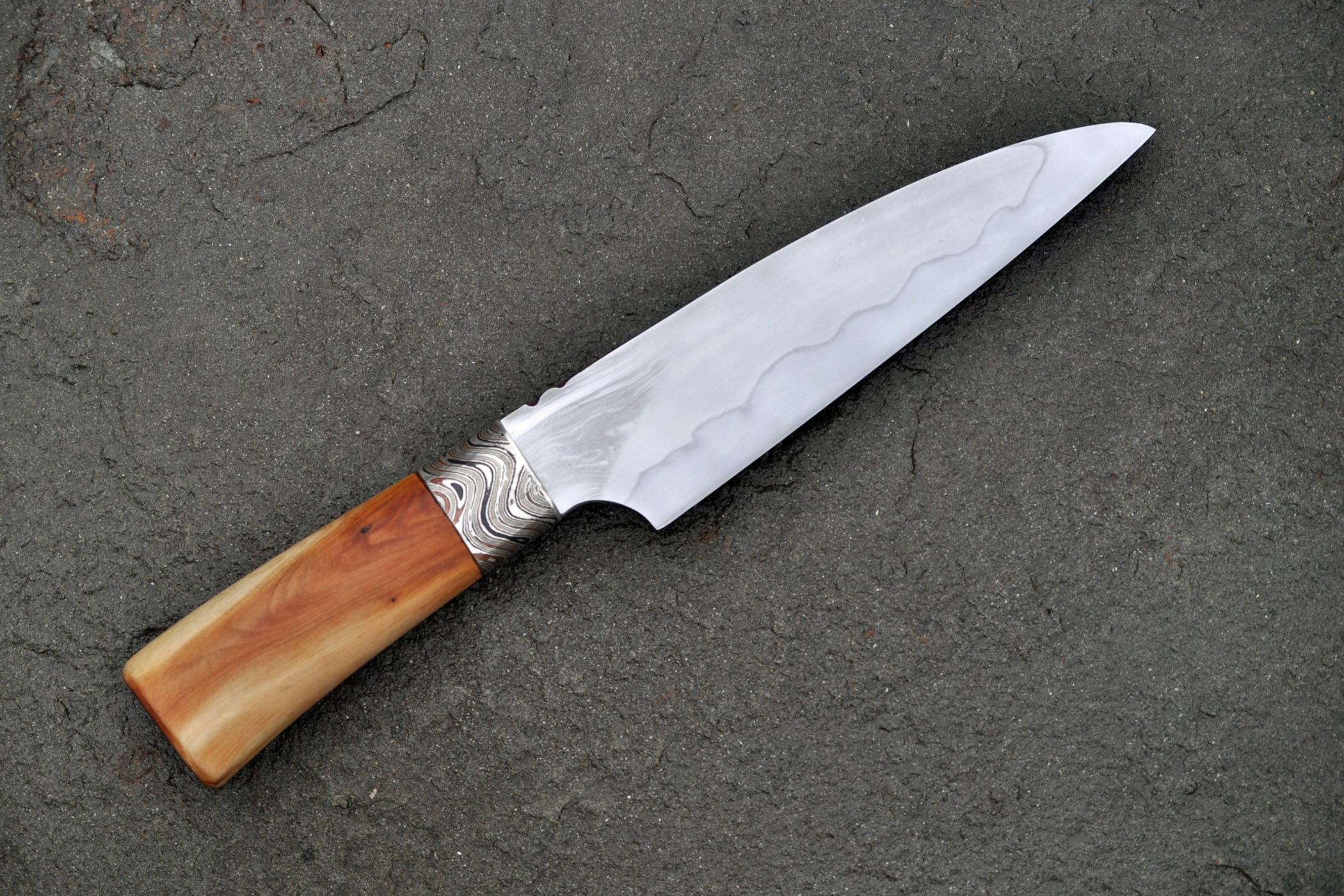 Sponge Iron Knife Wrought steel, mokume-gane, ​ pacific yew wood