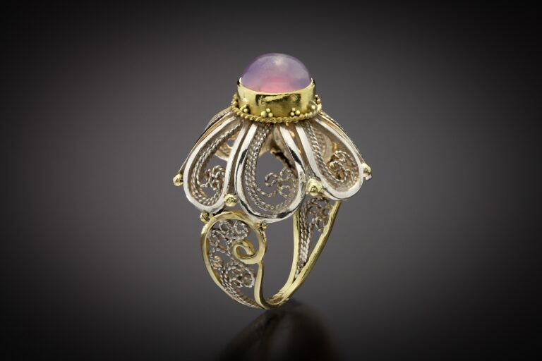 Rosette II, Russian filigree and granulation ring with holly blue agate in 18k, 22k gold and fine silver; photo: Pat Vasquez-Cunningham