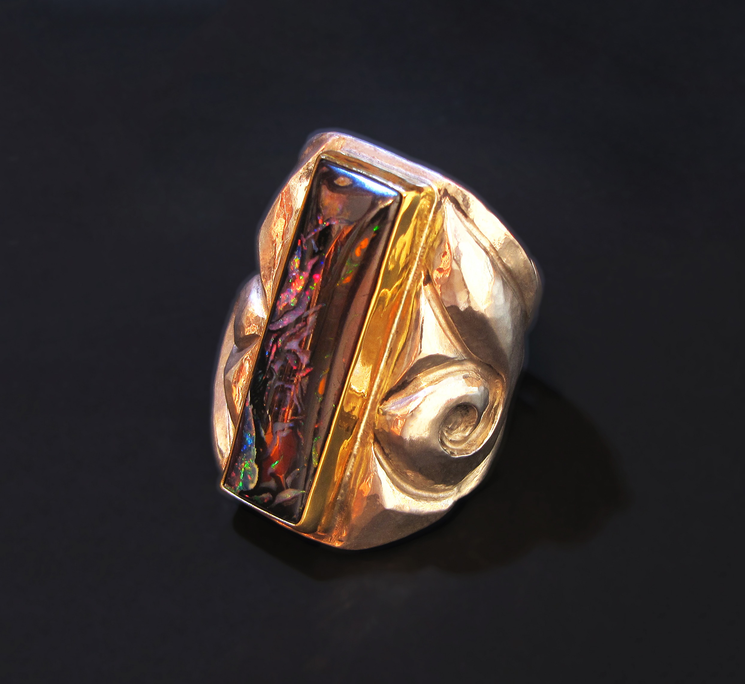 Enveloped II, Eastern repoussé ring, sterling, 22k gold, Koroit opal