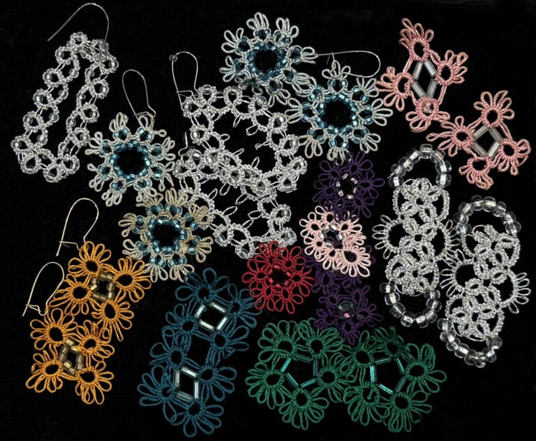 Decades before tatted and crochet jewelry became popular as an alternative craft medium, I channeled my longing to learn metalsmithing into making colorful but unwieldy earrings, using my great-grandmother's tatting shuttle. These are a few parts and pairs that I've kept in my stash of retro needlework supplies. Cotton, silk, and metallic threads, glass beads, 1986-1988