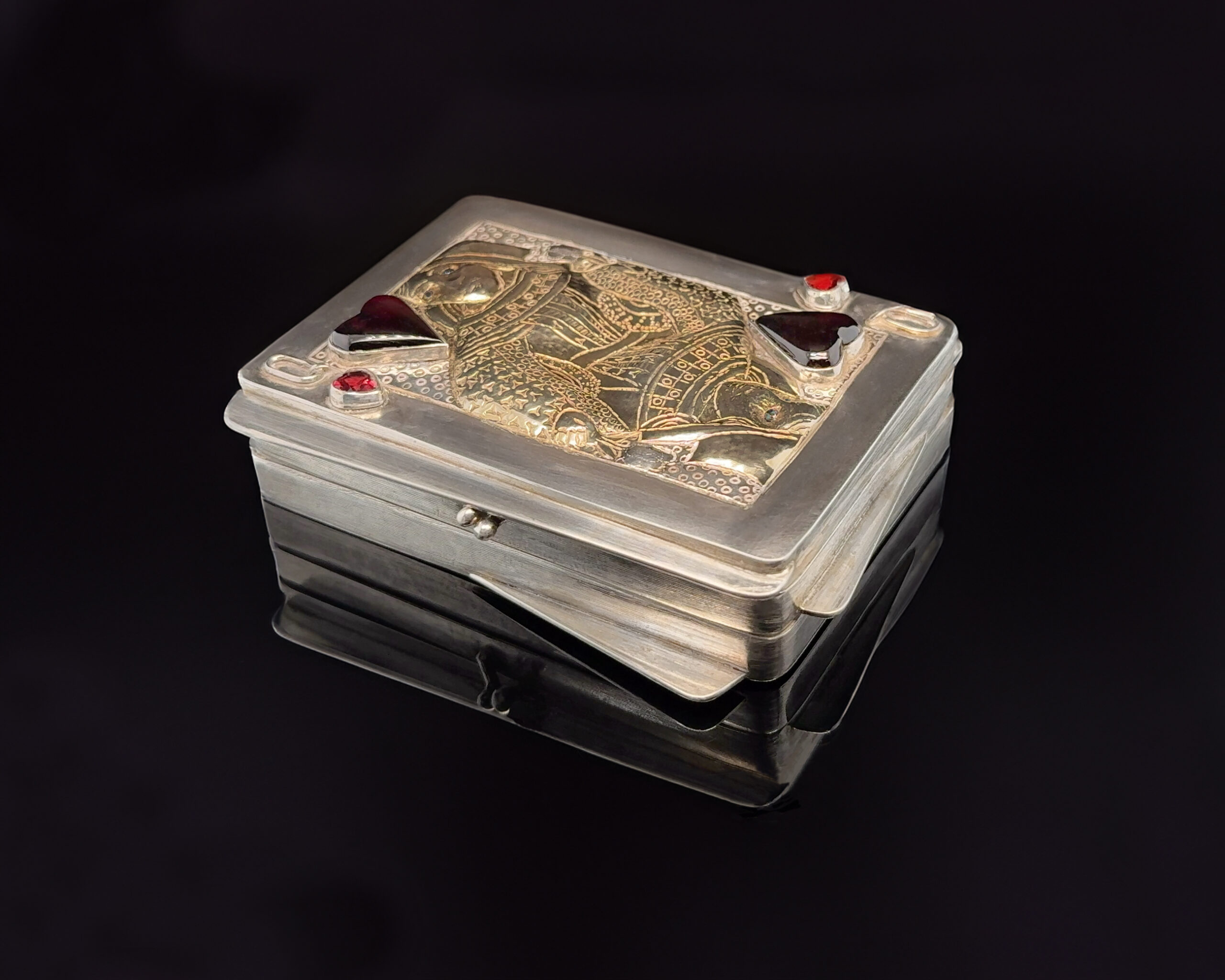 Ornamentation of the Mundane: Queen of Hearts; Eastern repoussé cosmetic box with 4 compartments