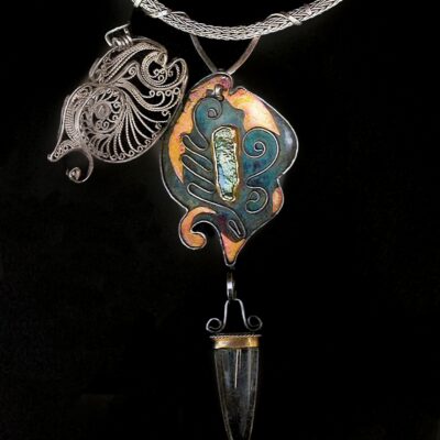 Pearls of Wisdom, Russian filigree, granulation, and keum boo amulet on a 2-directional double-weave chain