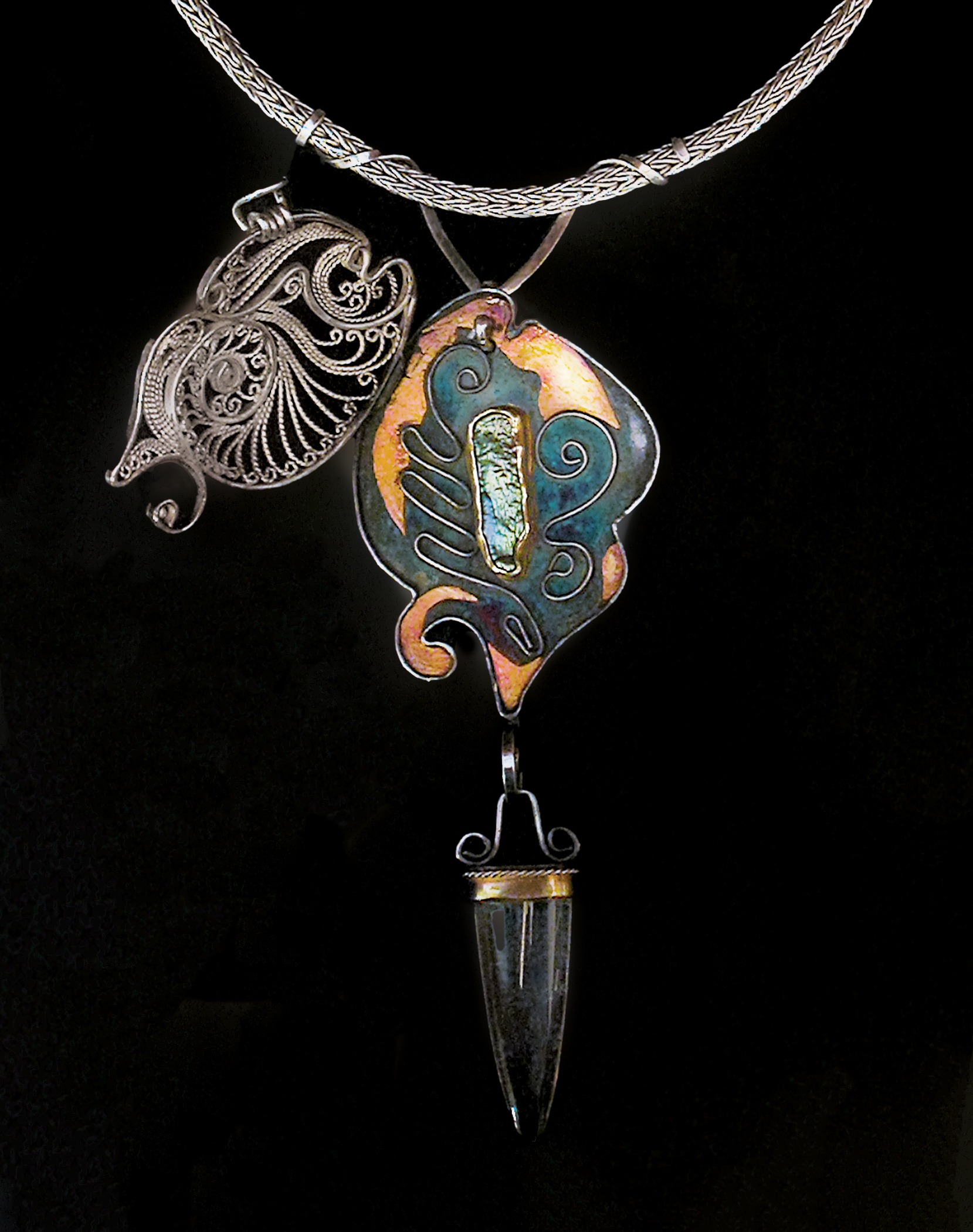 Pearls of Wisdom, Russian filigree, granulation, and keum boo amulet on a 2-directional double-weave chain (open view)