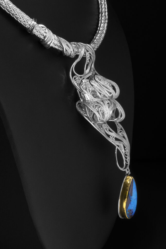 Ribbon Lace II, 3D Filigree pendant, formed from a single sheet of tension-fitted (Russian) filigree, on a loop-in-loop chain