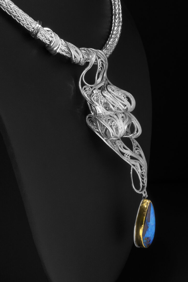 Ribbon Lace II, 3D Filigree pendant, formed from a single sheet of tension-fitted (Russian) filigree, on a loop-in-loop chain