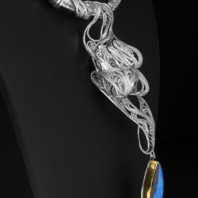 Ribbon Lace II, 3D Filigree pendant, formed from a single sheet of tension-fitted (Russian) filigree, on a loop-in-loop chain